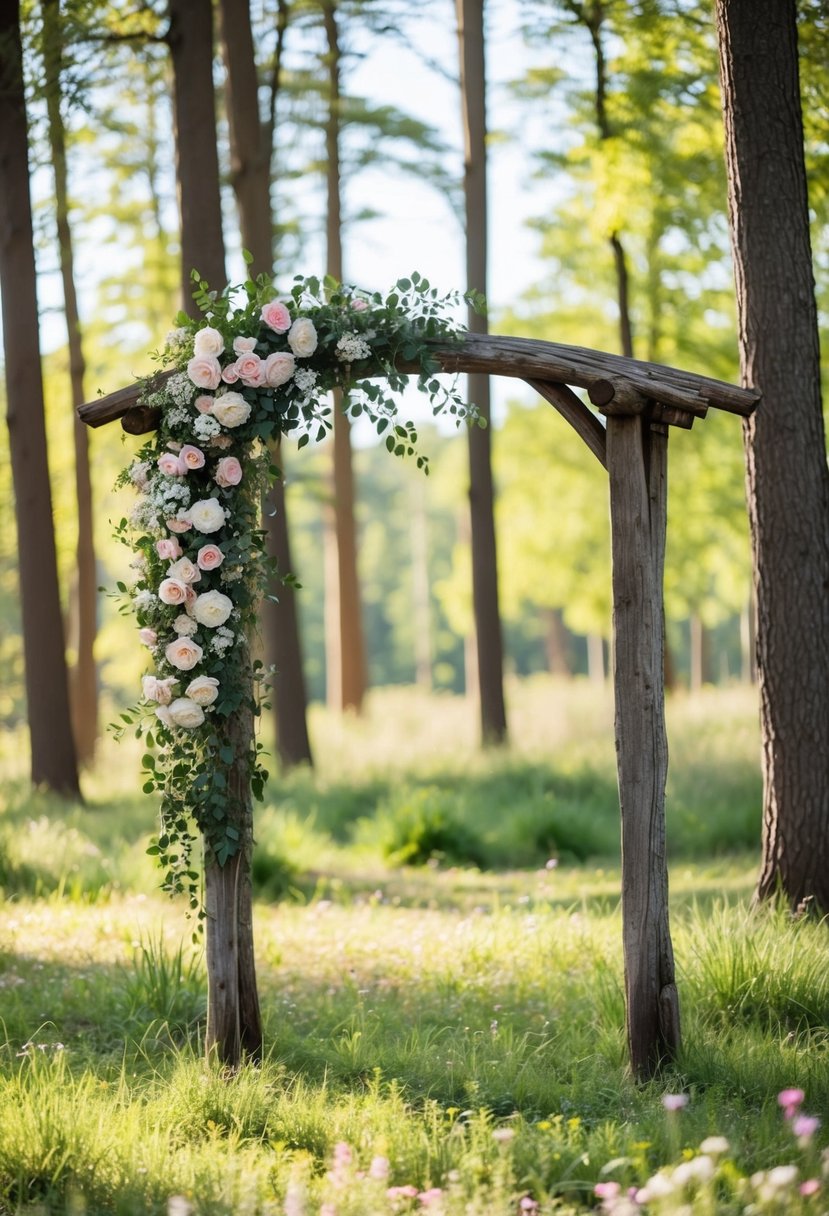 A serene woodland clearing with a rustic wooden arch draped in flowers, surrounded by tall trees and dappled sunlight