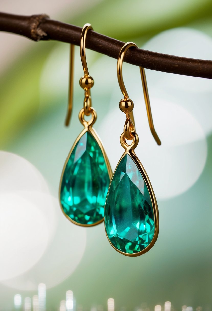 Two elegant pear-shaped emerald dangles hang from a delicate gold earring hook, catching the light and shimmering with a rich green hue