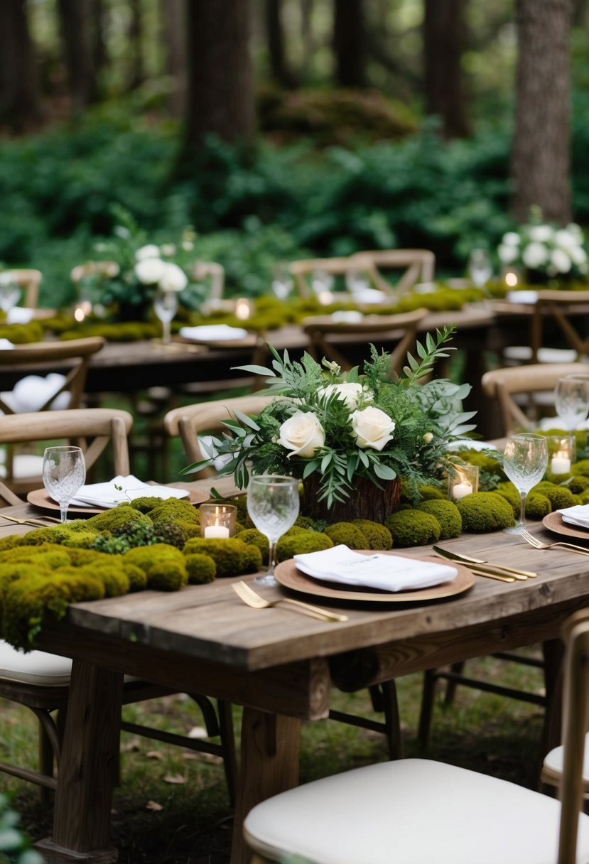 Moss-covered centerpieces adorn rustic tables in a woodland wedding setting, surrounded by lush greenery and natural elements