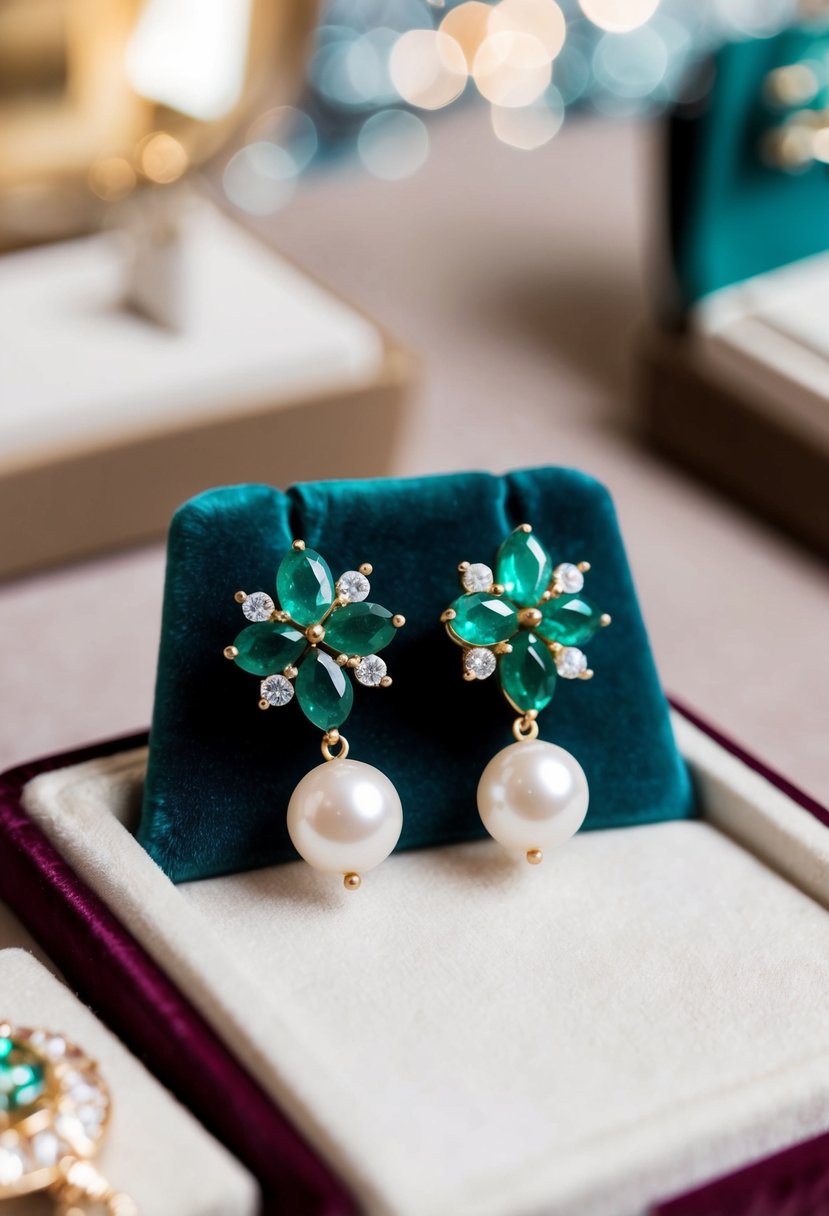 A close-up of emerald and pearl cluster earrings on a velvet jewelry display