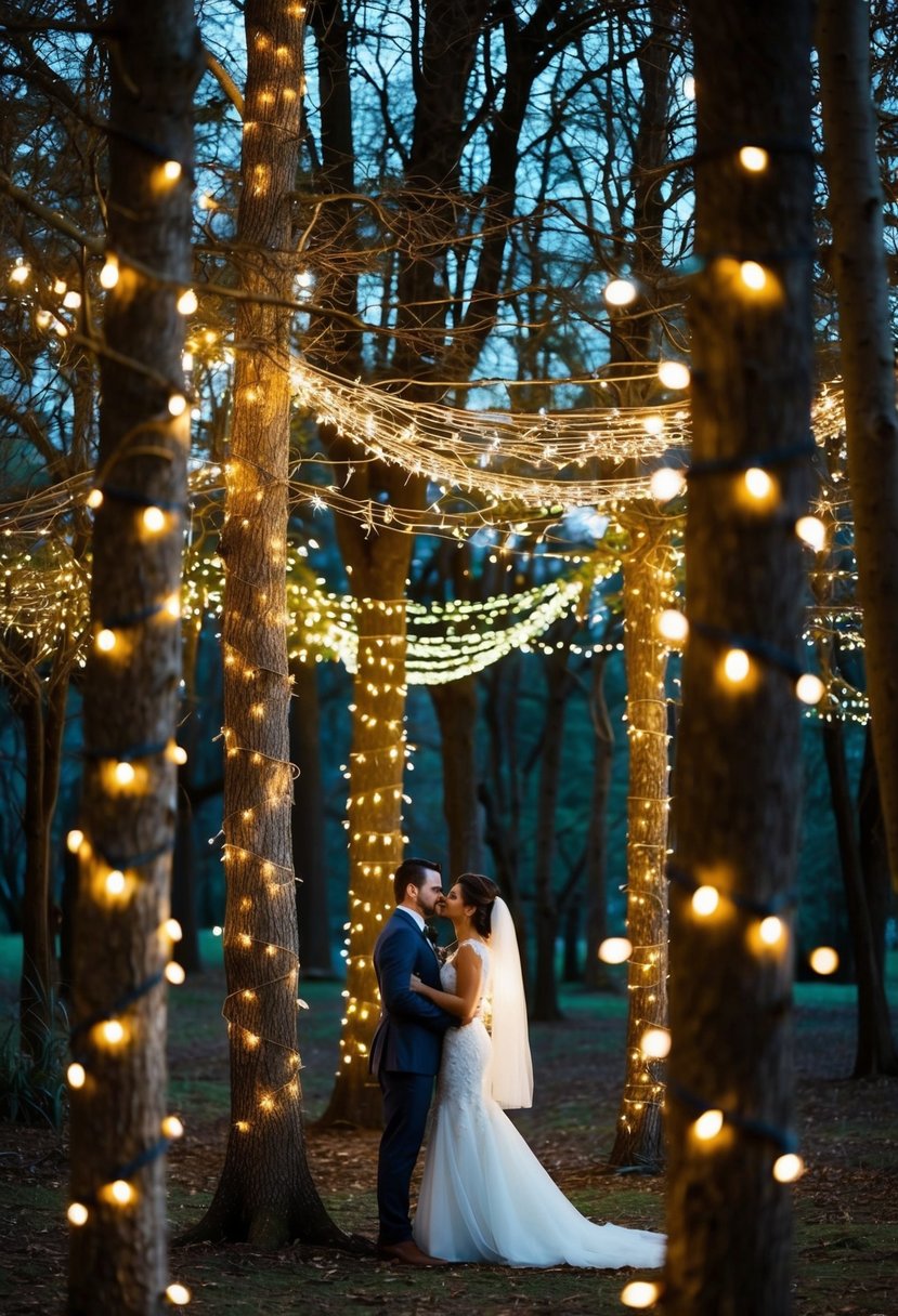 Fairy lights draped among trees in a woodland setting for a wedding ambiance