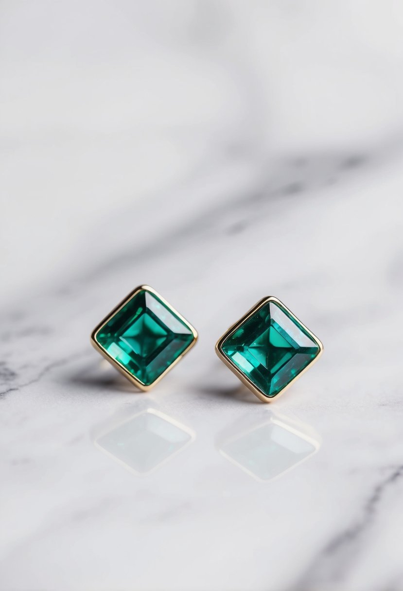 A pair of modern geometric emerald studs glimmering against a white marble backdrop