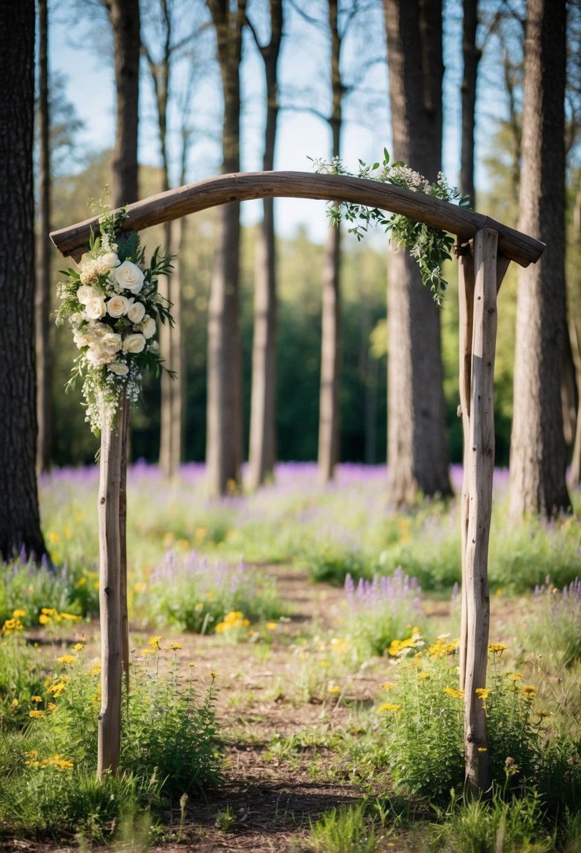 A rustic wooden arch stands adorned with wildflowers in a woodland clearing, surrounded by tall trees and dappled sunlight