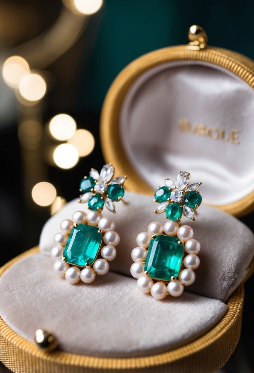 A pair of baroque pearl and emerald earrings displayed on a velvet cushion in a luxurious setting