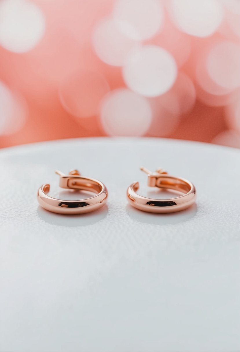 A pair of simple, elegant rose gold earrings on a white background