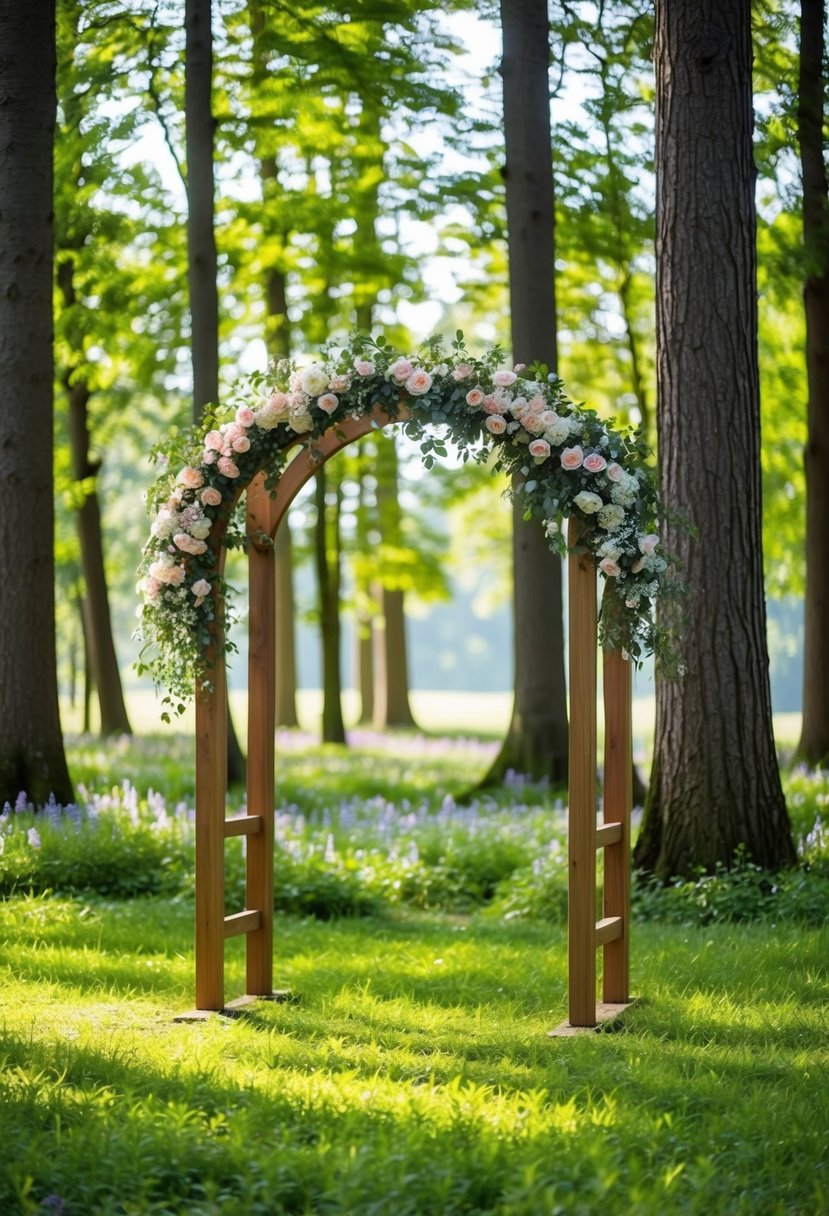 A lush forest clearing with a wooden arch draped in flowers, surrounded by tall trees and dappled sunlight filtering through the leaves