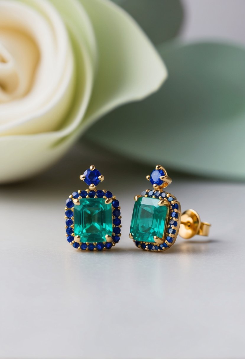 Two emerald earrings with sapphire accents, set against a soft, elegant backdrop