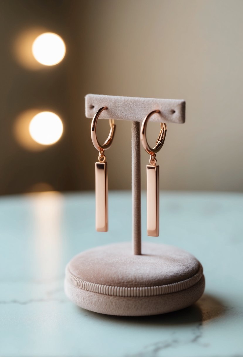 A pair of rose gold bar drop earrings displayed on a velvet cushion with soft lighting