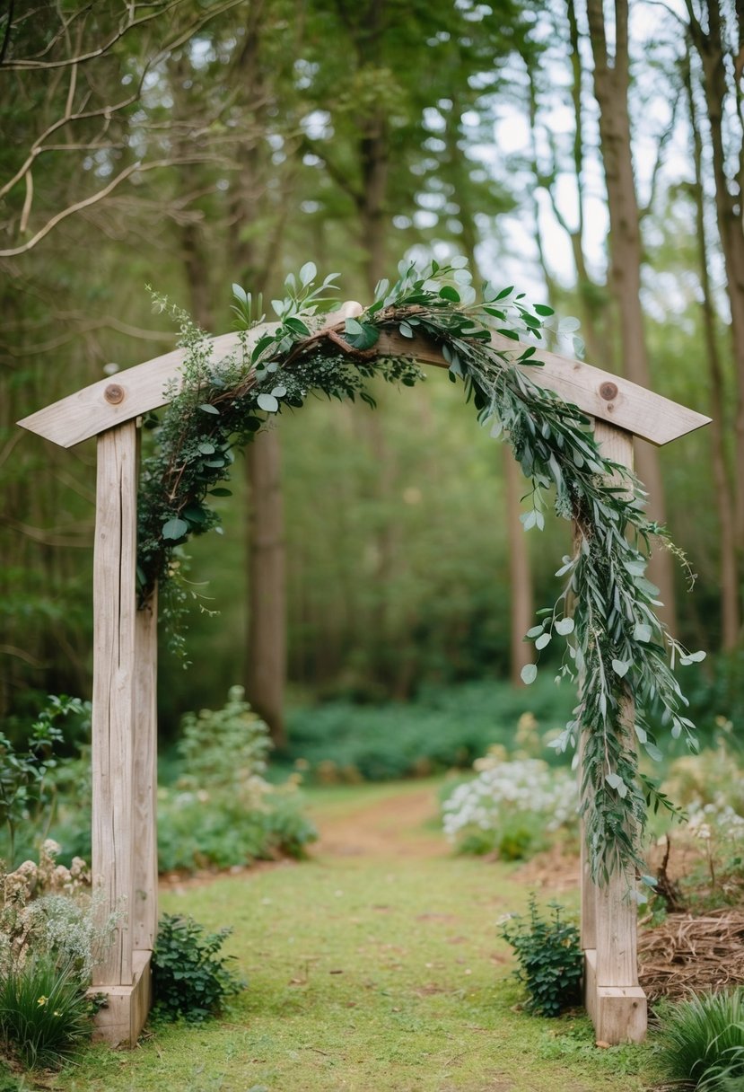 A rustic wooden arch adorned with greenery and branches, surrounded by woodland flora and fauna