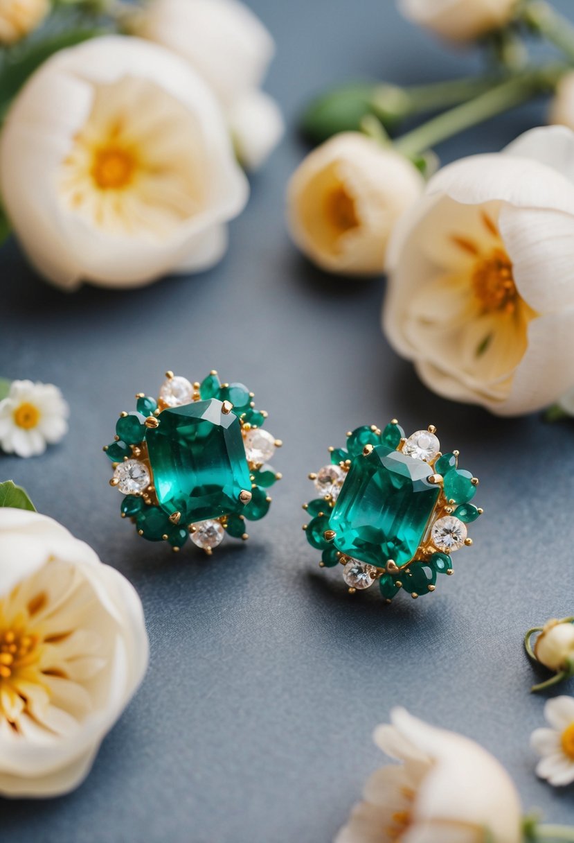 A pair of elegant emerald and gemstone earrings surrounded by intricate floral designs