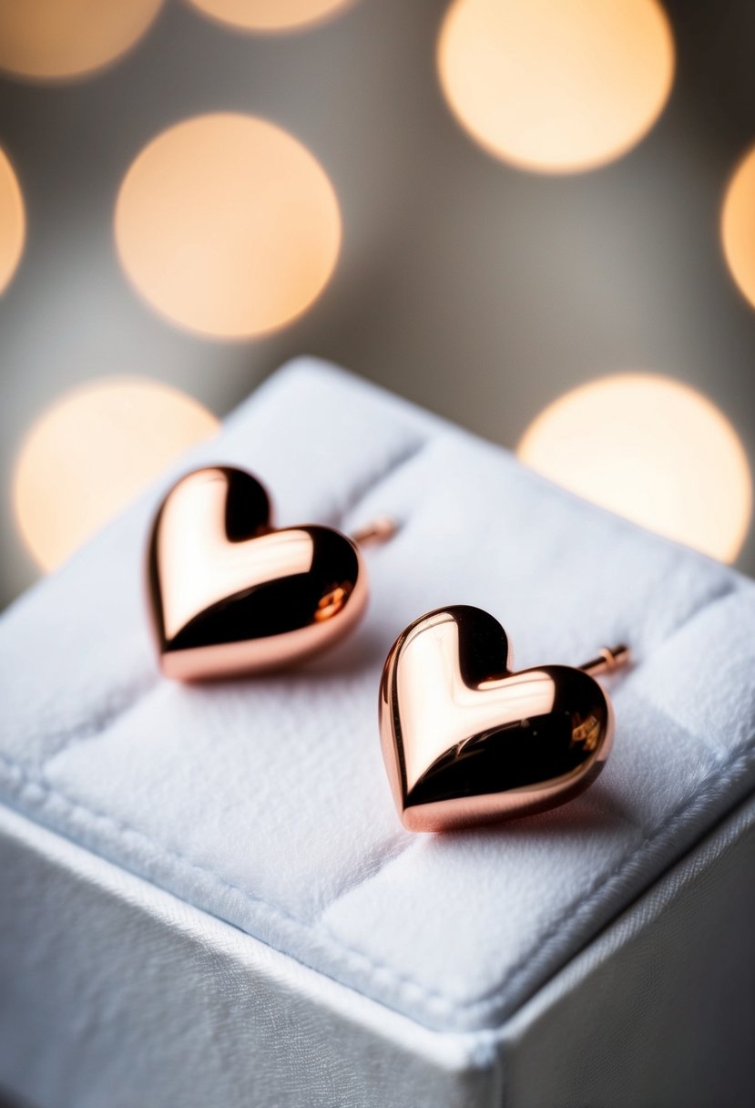 Two heart-shaped rose gold studs on a white velvet display