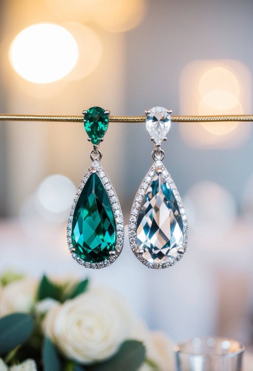 A sparkling pair of teardrop earrings, one emerald and one crystal, glinting in the soft light of a wedding reception