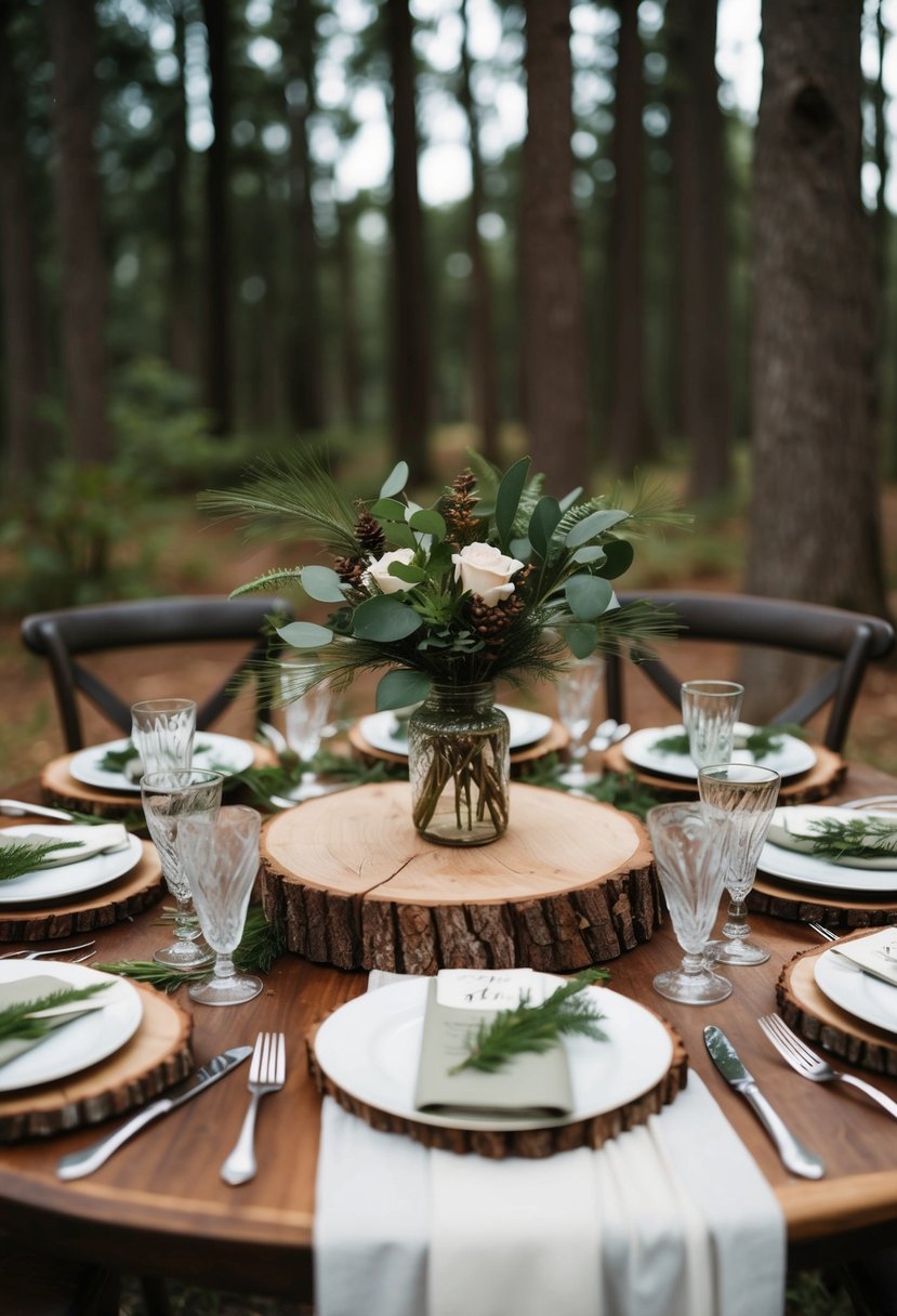 Wood slice table settings with forest greenery and rustic accents for a woodland wedding