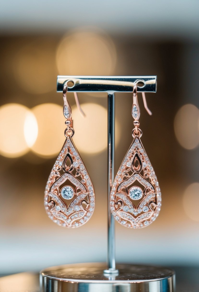 A pair of sparkling rose gold teardrop earrings, with intricate detailing, hanging from a display stand