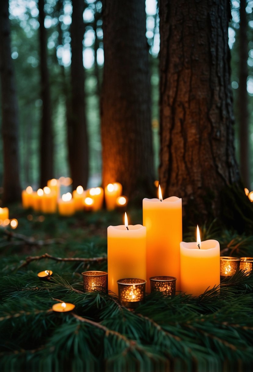 Candles cast a warm glow among trees at a woodland wedding