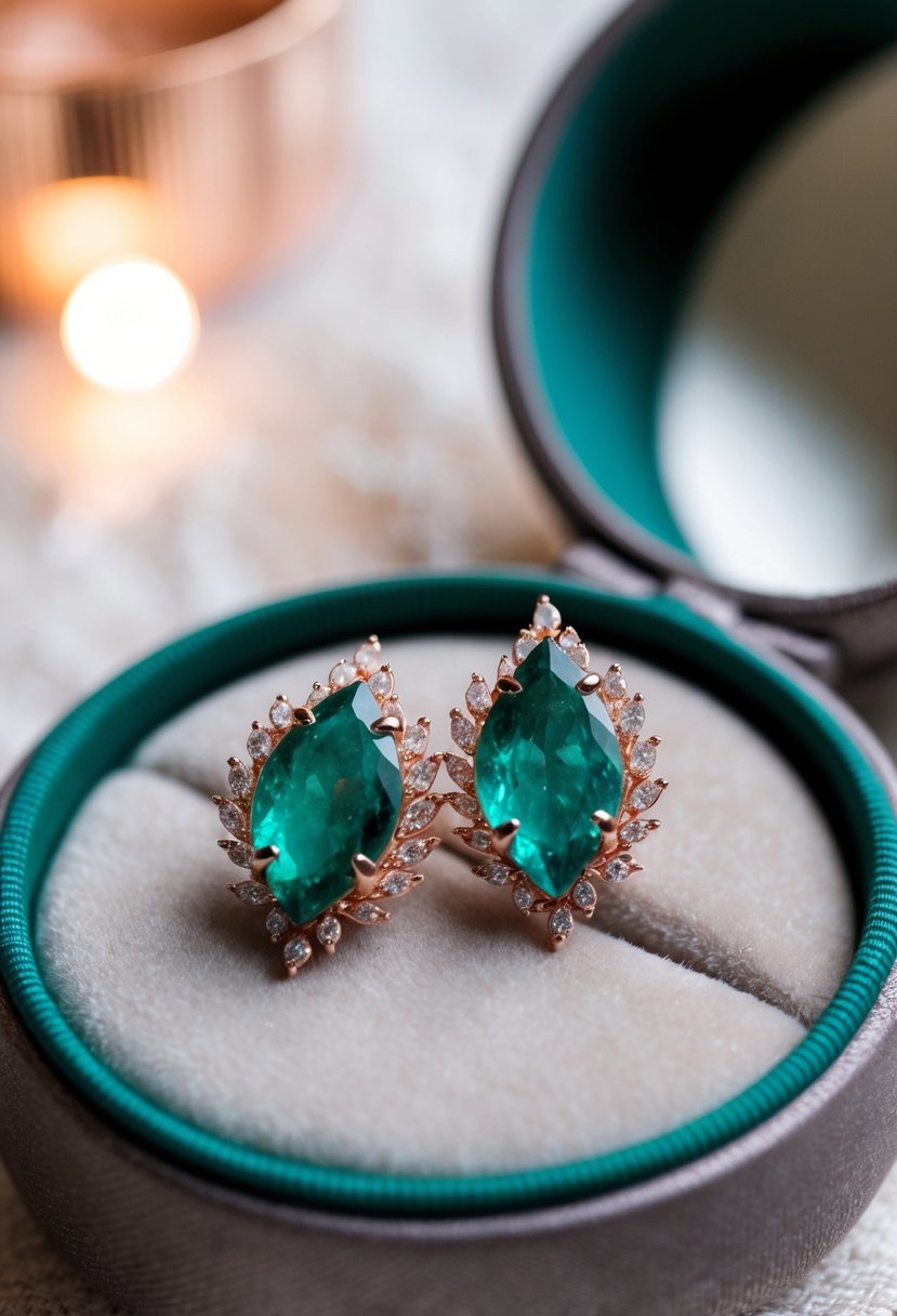 A sparkling pair of emerald and rose gold leaf earrings, nestled on a velvet cushion with soft lighting highlighting their intricate details