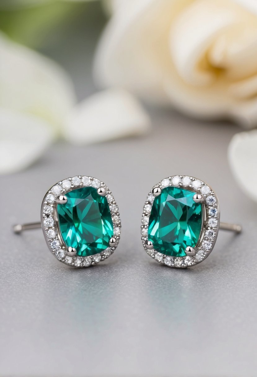 A glittering pair of emerald stud earrings set in elegant halo settings, perfect for a wedding