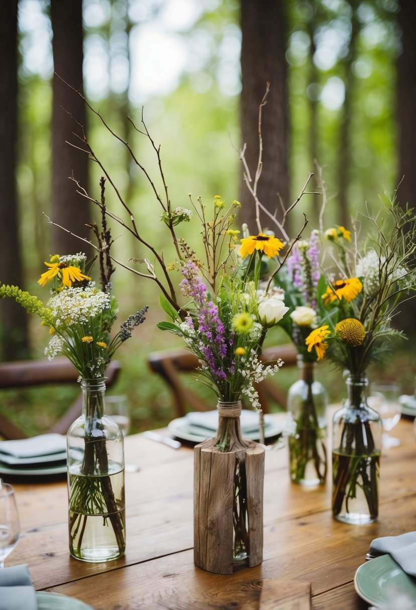 Bouquets of wildflowers and foraged branches arranged in rustic vases on wooden tables at a woodland wedding