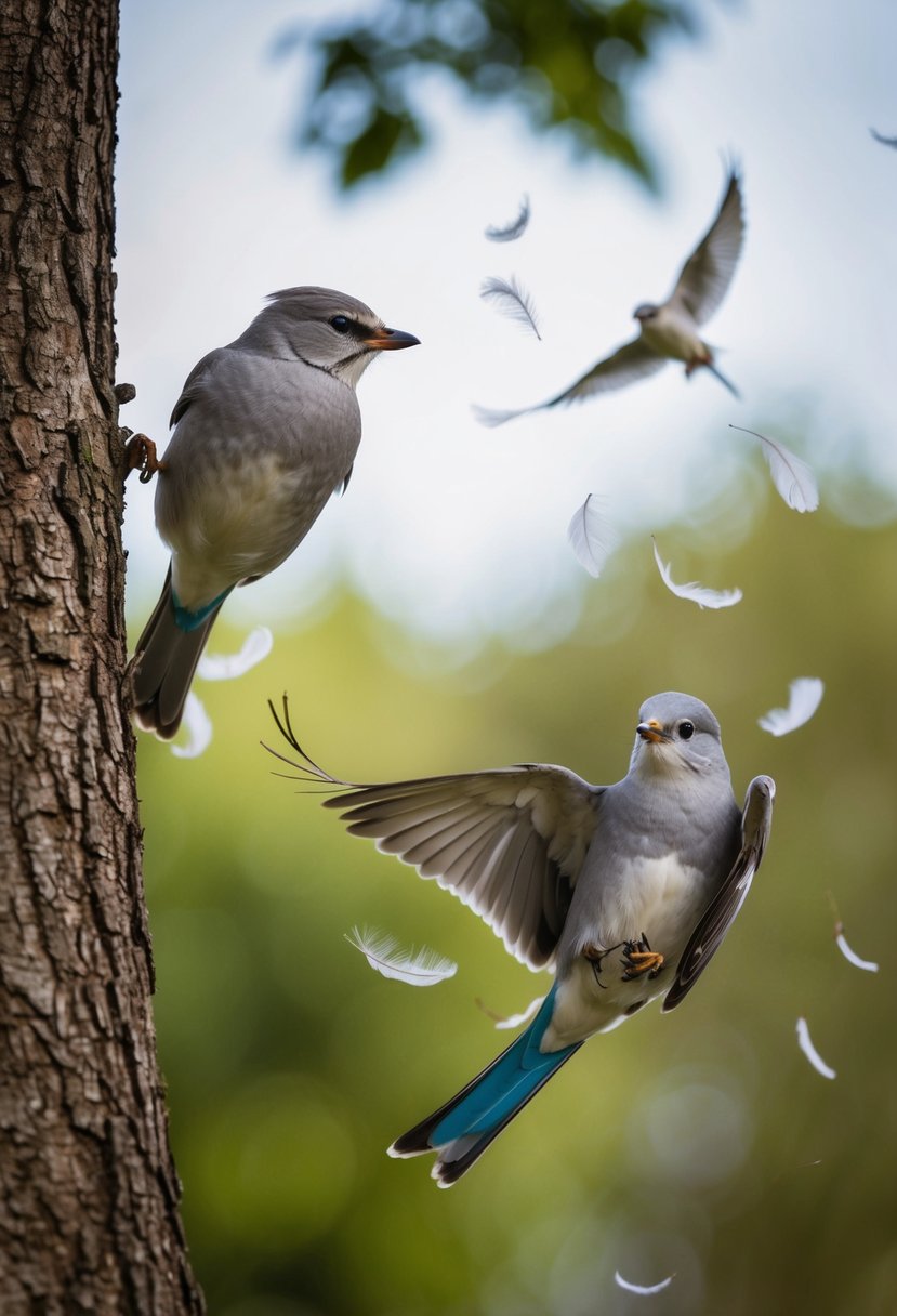 A pair of birds, one perched on a tree branch and the other flying through the air, with feathers falling gently around them