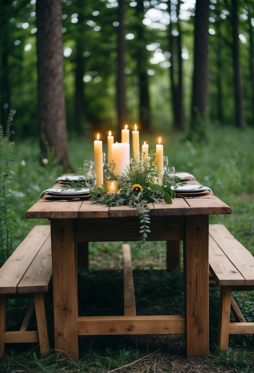 A rustic wooden table adorned with greenery, wildflowers, and flickering candles set amidst a lush forest clearing