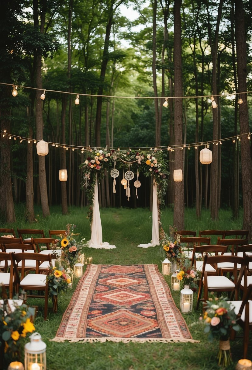 A lush forest clearing adorned with bohemian rugs, dreamcatchers, and wildflower bouquets. Lanterns hang from the trees, casting a warm glow over the woodland wedding ceremony