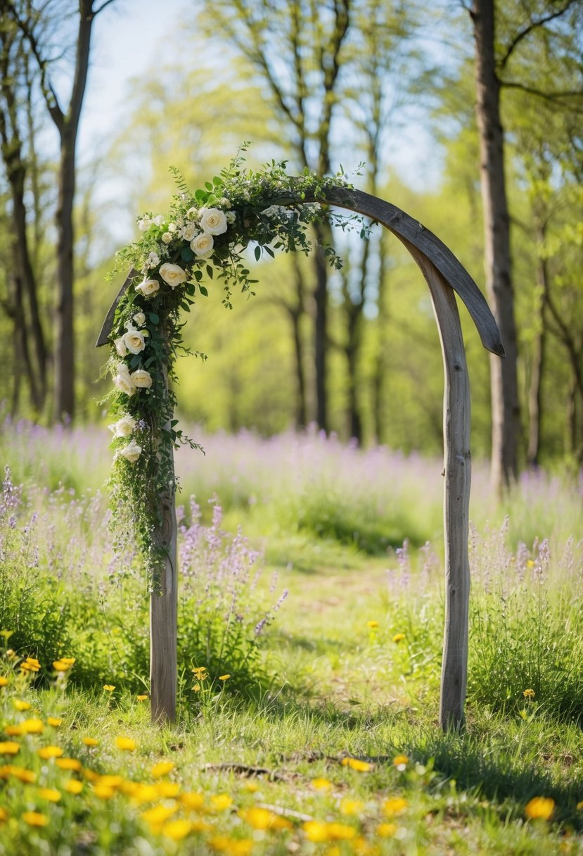 A sun-dappled woodland clearing, with wildflowers and a rustic wooden arch adorned with delicate greenery