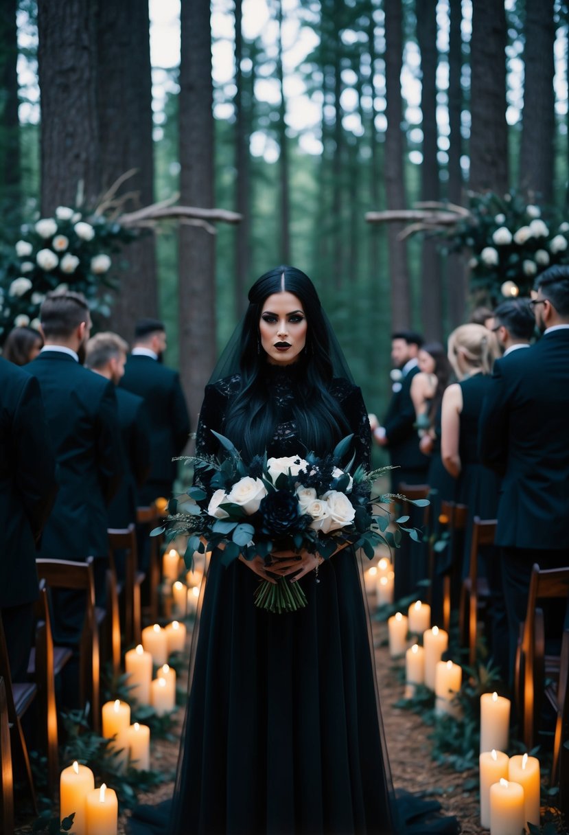 A gothic black wedding ceremony in a forest with dark flowers, candles, and a haunting atmosphere