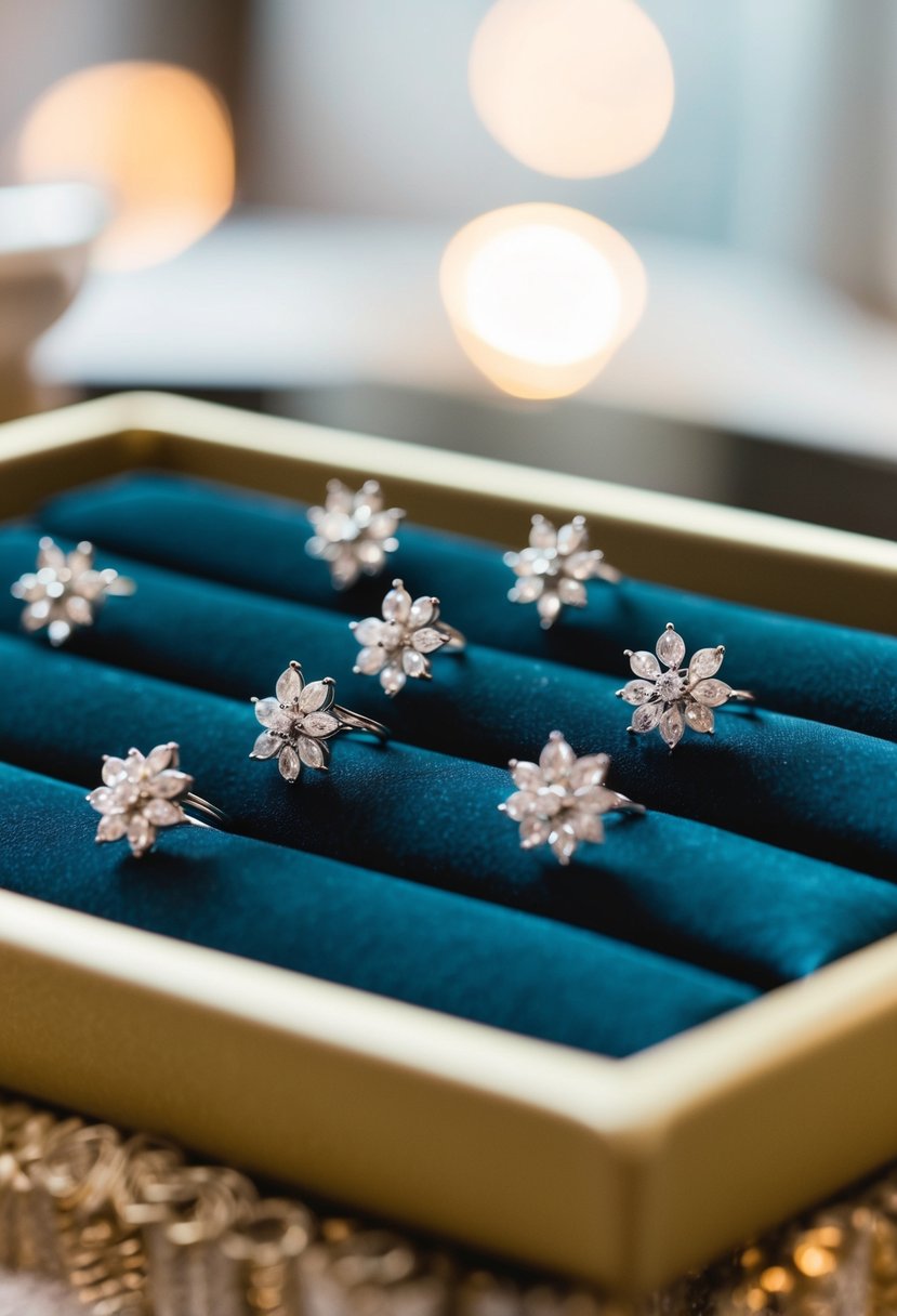 A display of elegant silver wedding earrings on a velvet-lined tray, sparkling under soft lighting