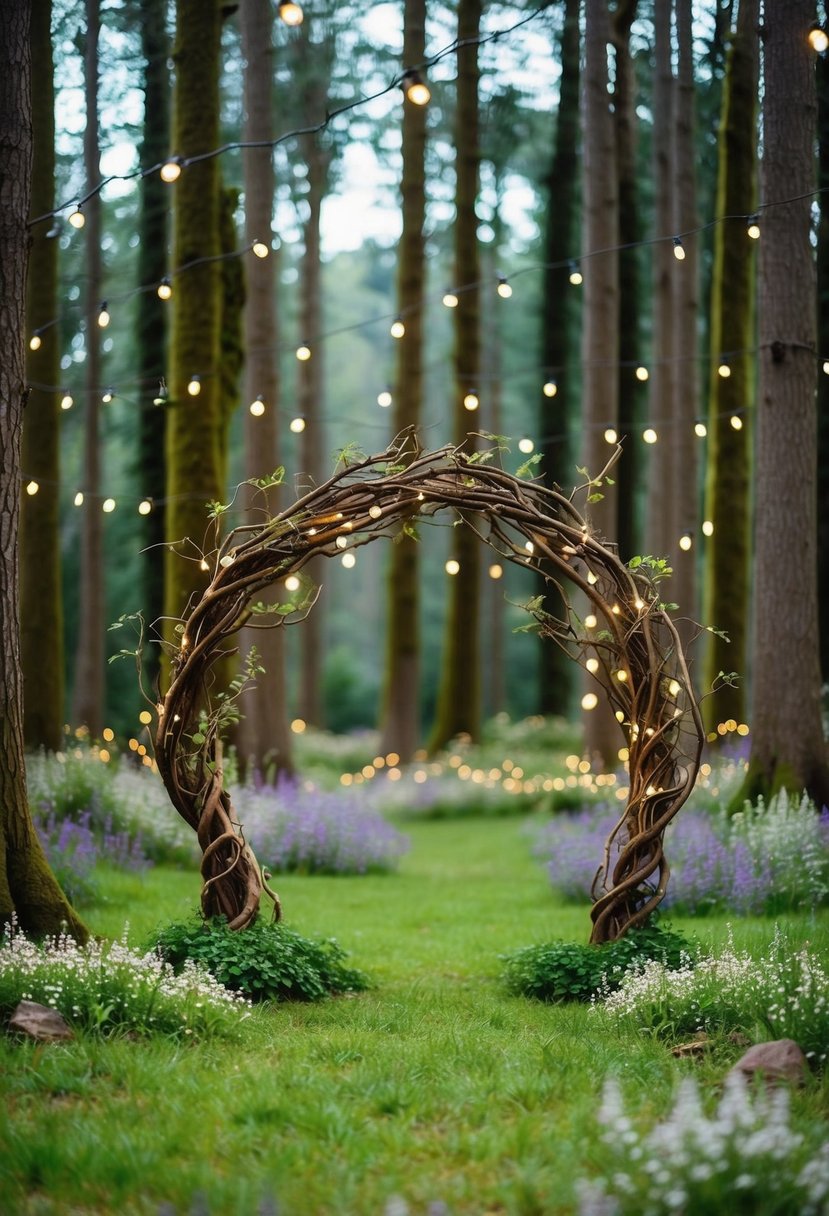 A lush forest clearing with twinkling fairy lights, moss-covered trees, and a whimsical arch made of twisted branches and wildflowers