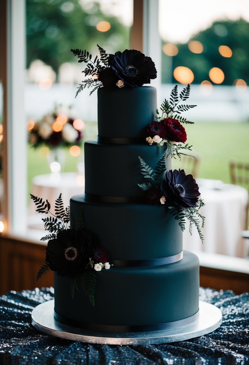 An all-black wedding cake adorned with dark floral accents