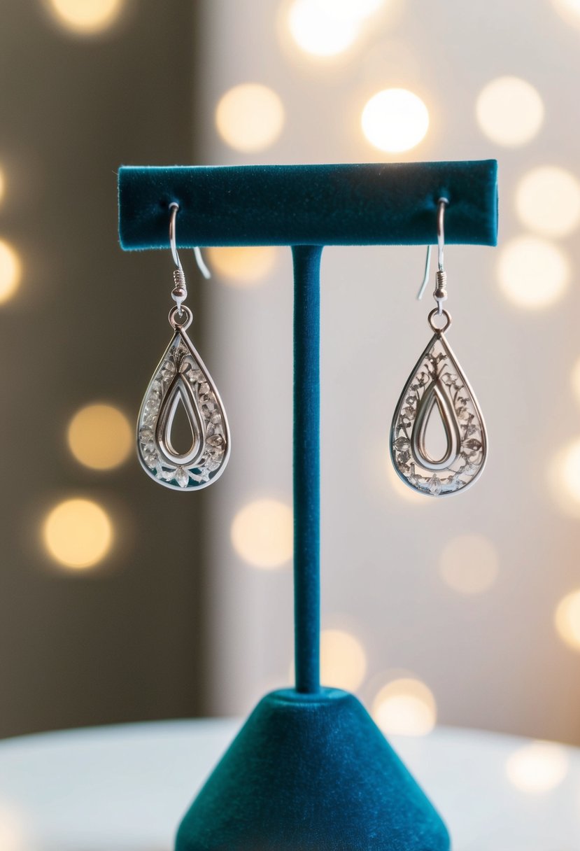 A delicate pair of silver teardrop earrings displayed on a velvet jewelry stand, with soft lighting highlighting their intricate details