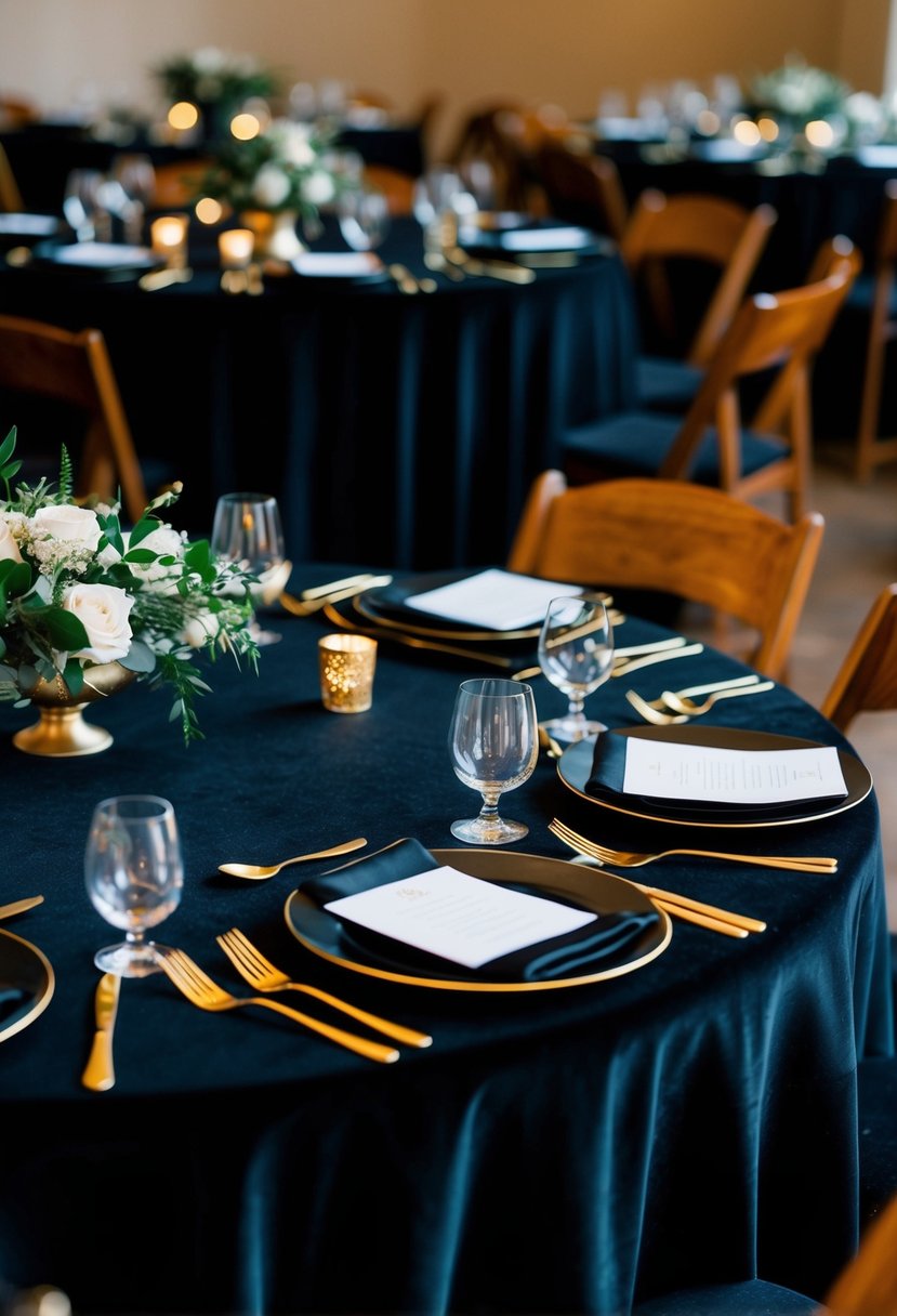 Black velvet tablecloths adorned with gold cutlery, creating an elegant and luxurious ambiance for a black-themed wedding