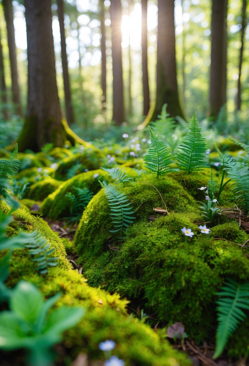 Lush, green moss covers the forest floor, intertwined with delicate wildflowers and ferns. Sunlight filters through the trees, casting a soft, ethereal glow over the woodland wedding setting