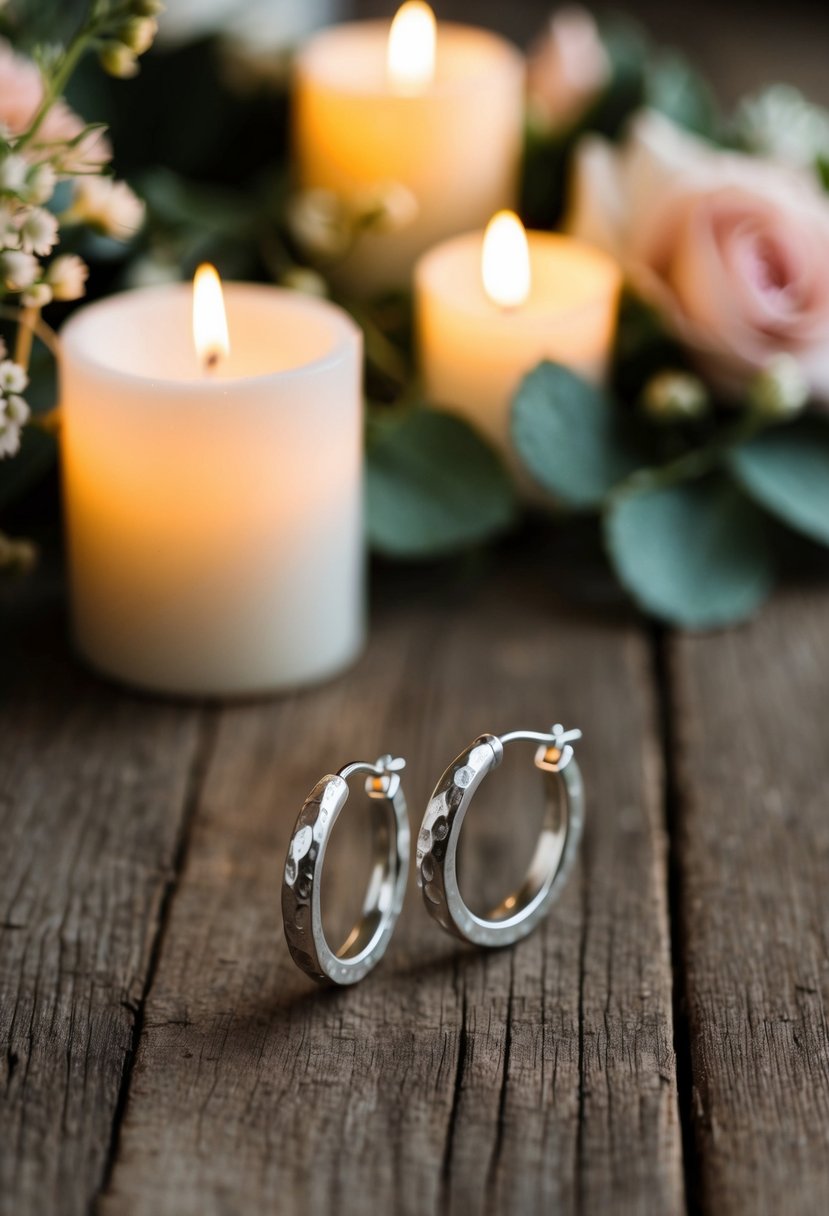 A rustic wooden table adorned with Bohemian Hammered Hoops silver wedding earrings, surrounded by delicate floral arrangements and soft candlelight