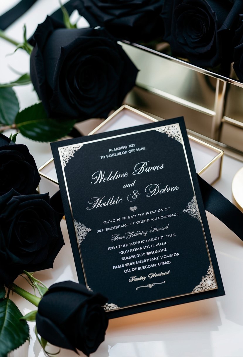 Elegant jet-black wedding invitations adorned with metallic ink details, set against a backdrop of deep black roses and sleek, modern decor