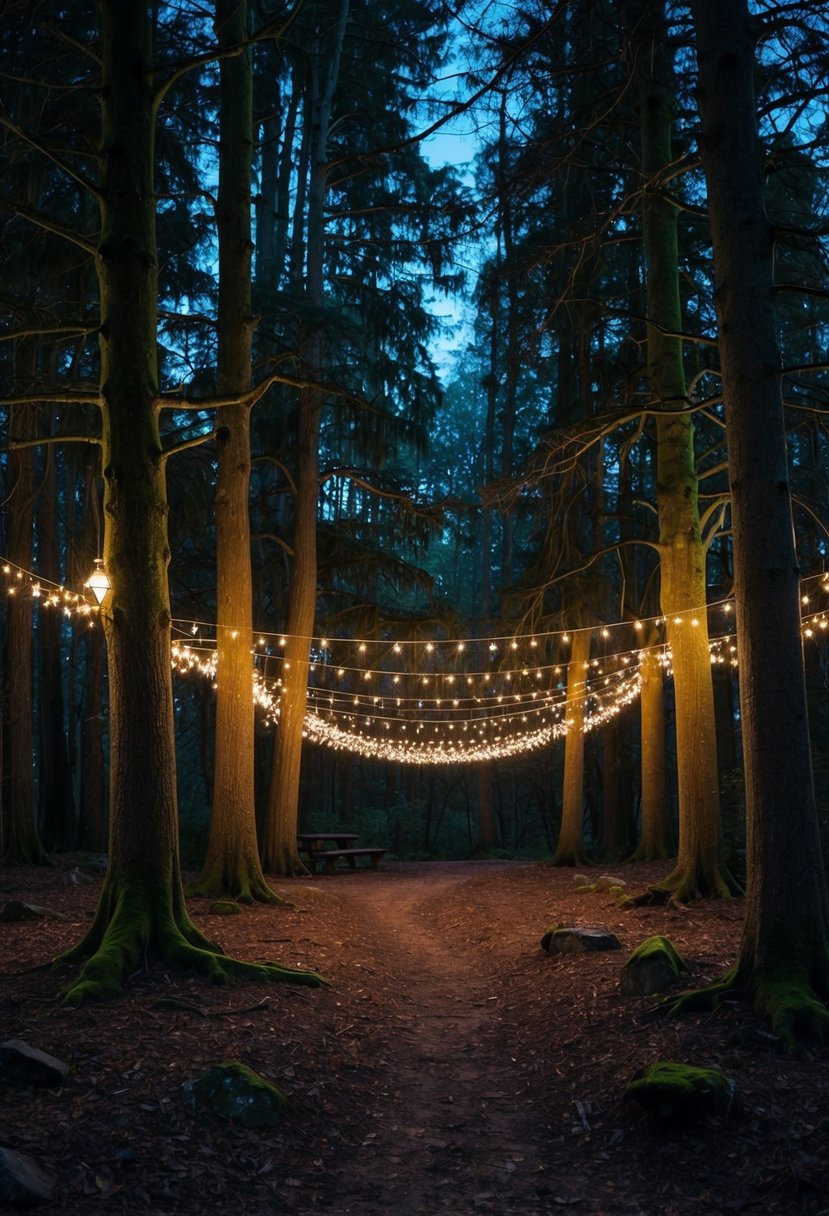 A secluded woodland clearing with twinkling fairy lights, moss-covered trees, and a canopy of stars overhead