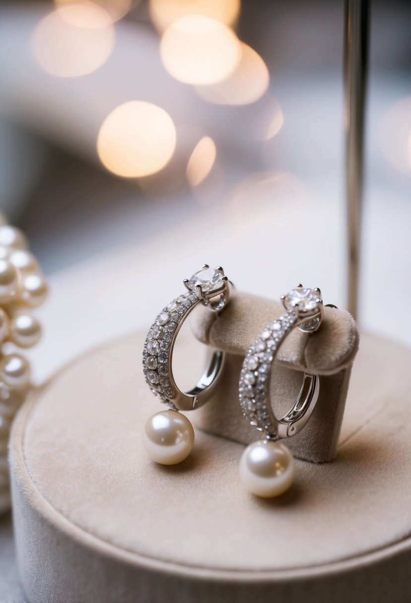 A close-up of elegant pearl and silver wedding earrings on a velvet display, with soft lighting highlighting the intricate details