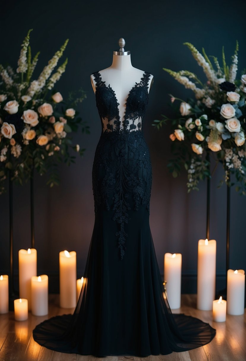 A midnight black bridal gown with intricate lace details draped over a mannequin, surrounded by dimly lit candles and elegant floral arrangements