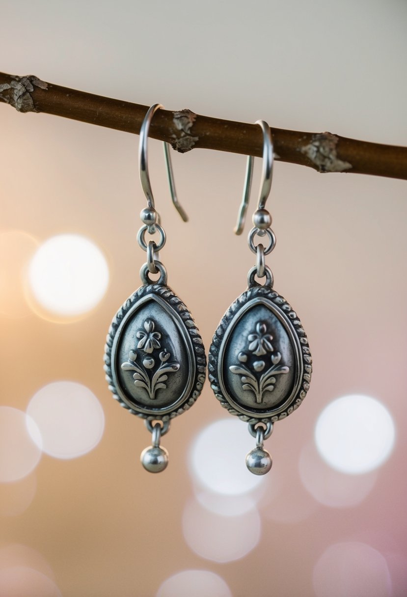 A close-up of vintage-inspired silver dangle earrings against a soft, romantic backdrop