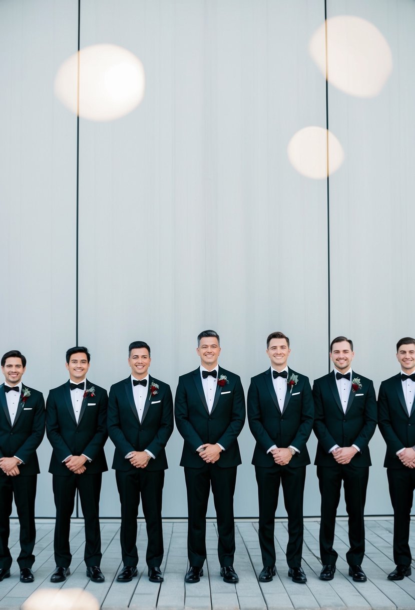 Black tuxedos adorned with deep red boutonnieres stand against a stark backdrop, exuding elegance and sophistication