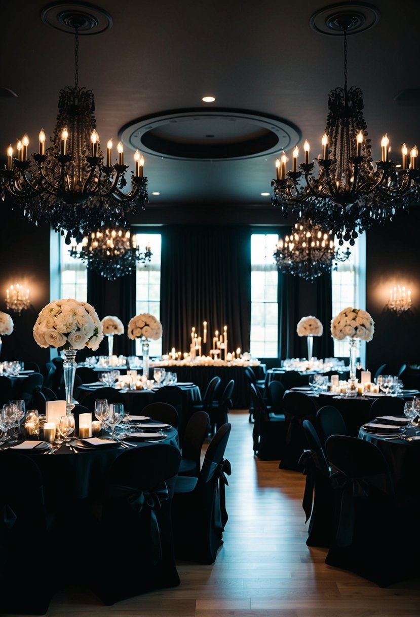 A dimly lit room with black chandeliers casting eerie shadows on black wedding decor