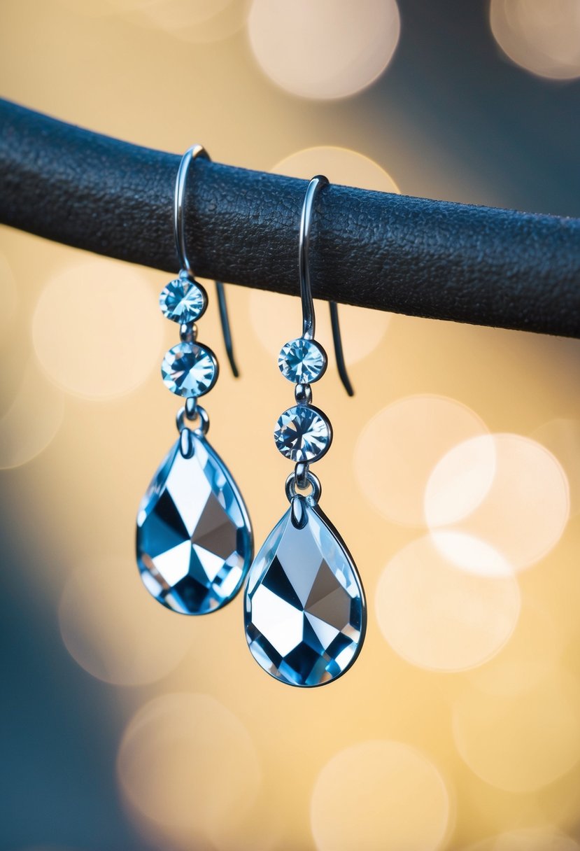 Shimmering crystal silver drops dangle from a delicate earring, catching the light and casting a soft glow