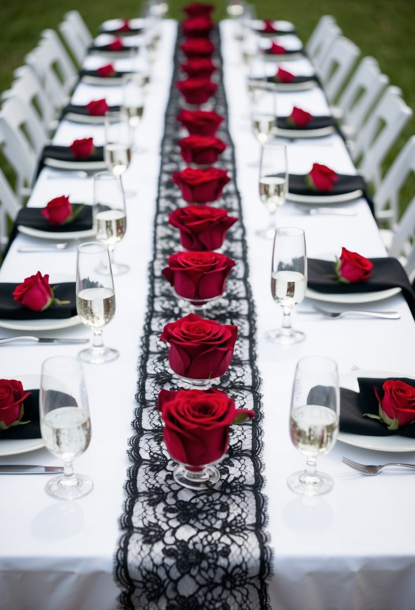 Black lace runners on white table, adorned with red rose centerpieces