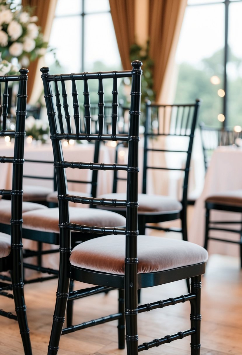 Ebonized wood chairs with velvet cushions in a wedding setting