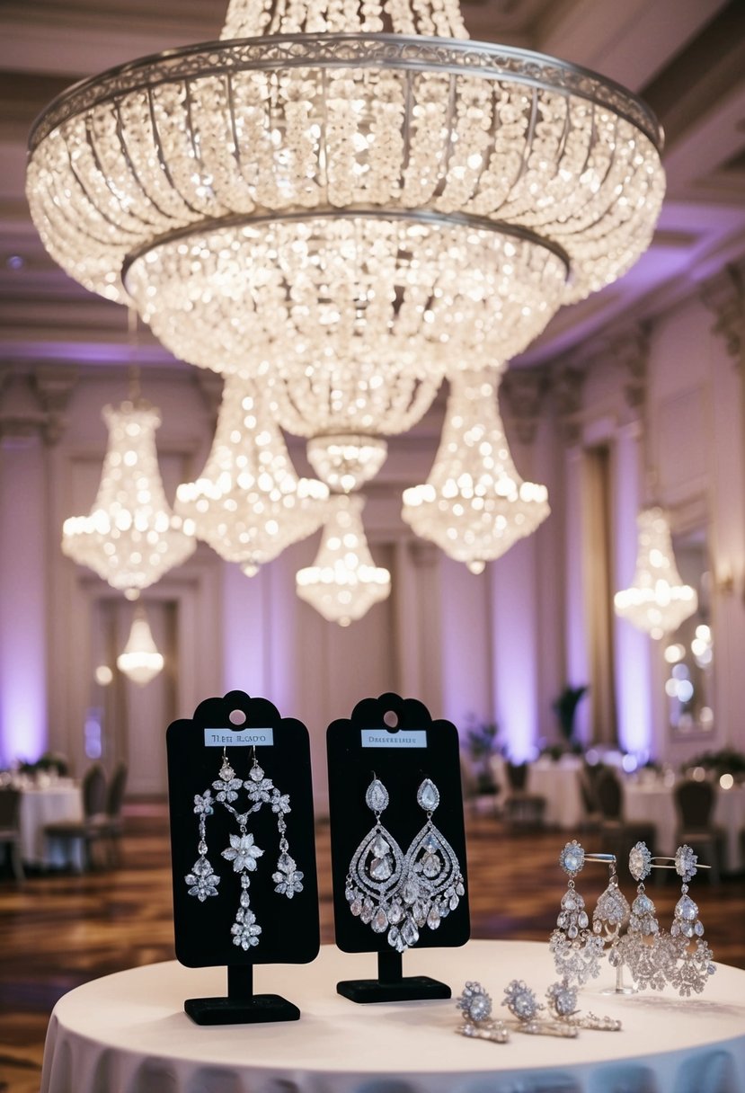 A grand ballroom with floral silver chandeliers casting a soft glow, showcasing elegant silver wedding earring ideas on a display table