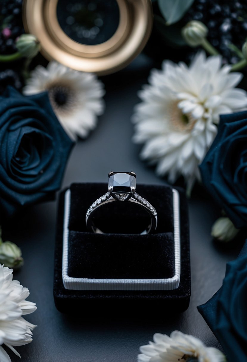 A sleek black diamond engagement ring sits on a black velvet cushion, surrounded by moody floral arrangements and dark, elegant decor