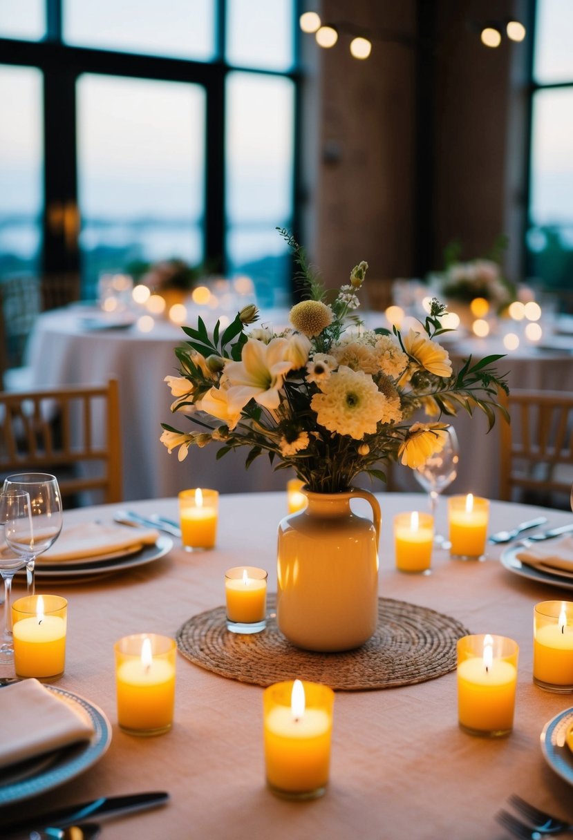 A round table adorned with a simple vase of fresh flowers and surrounded by flickering candles