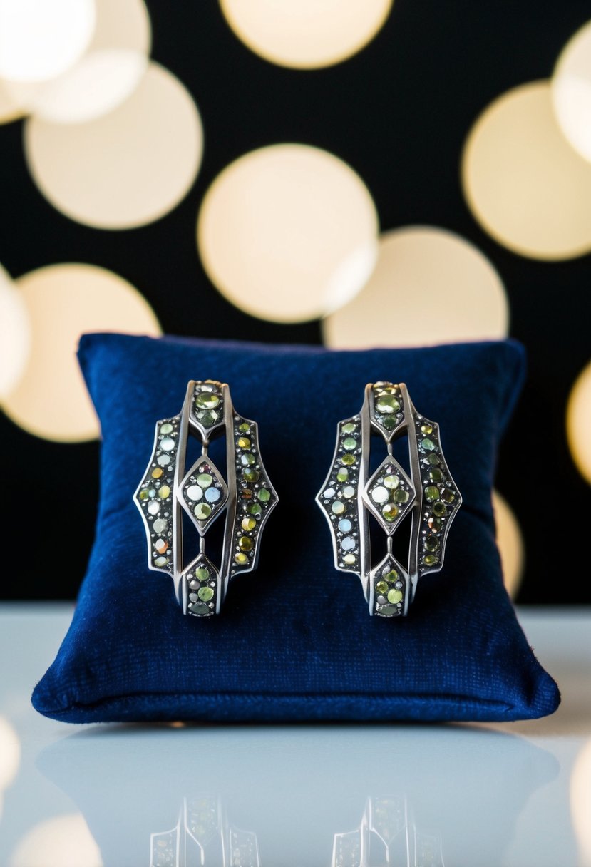 A pair of Art Deco silver and marcasite wedding earrings displayed on a velvet cushion against a black background