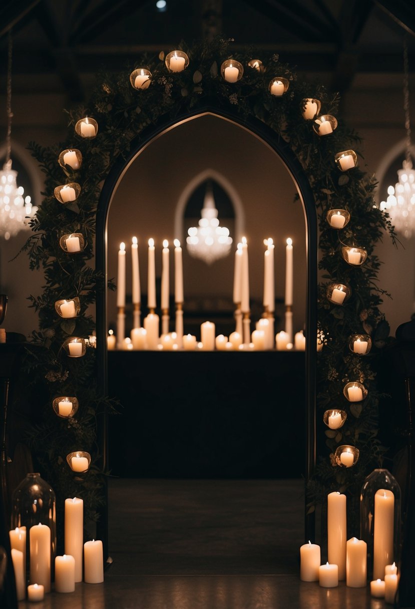 A gothic-style black arch adorned with candles, setting the tone for a dark and moody wedding