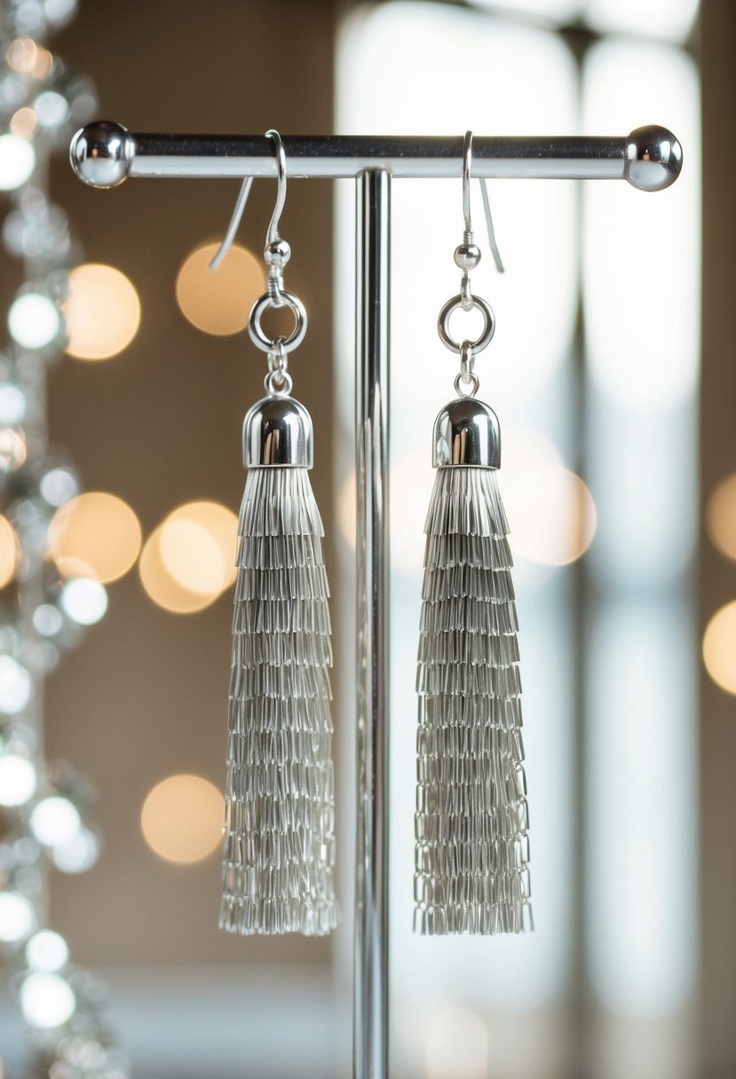 A pair of contemporary silver tassel earrings hanging from a display stand, catching the light and shimmering with movement